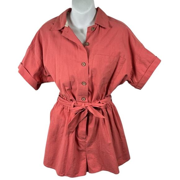 Free People Romper Coral Size XS Button Down Short Sleeve Belted Sinched Waist - Picture 2 of 13
